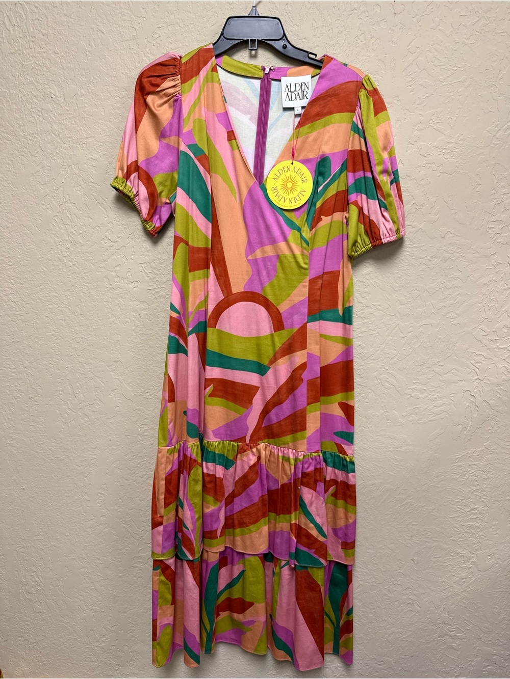Alden Pink Multi-Color Abstract Leaf Puff-Sleeve Midi Dress